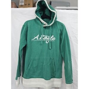 American Eagle Mens Green Graphic Hoodie Sweatshirt Small Script Logo White Trim